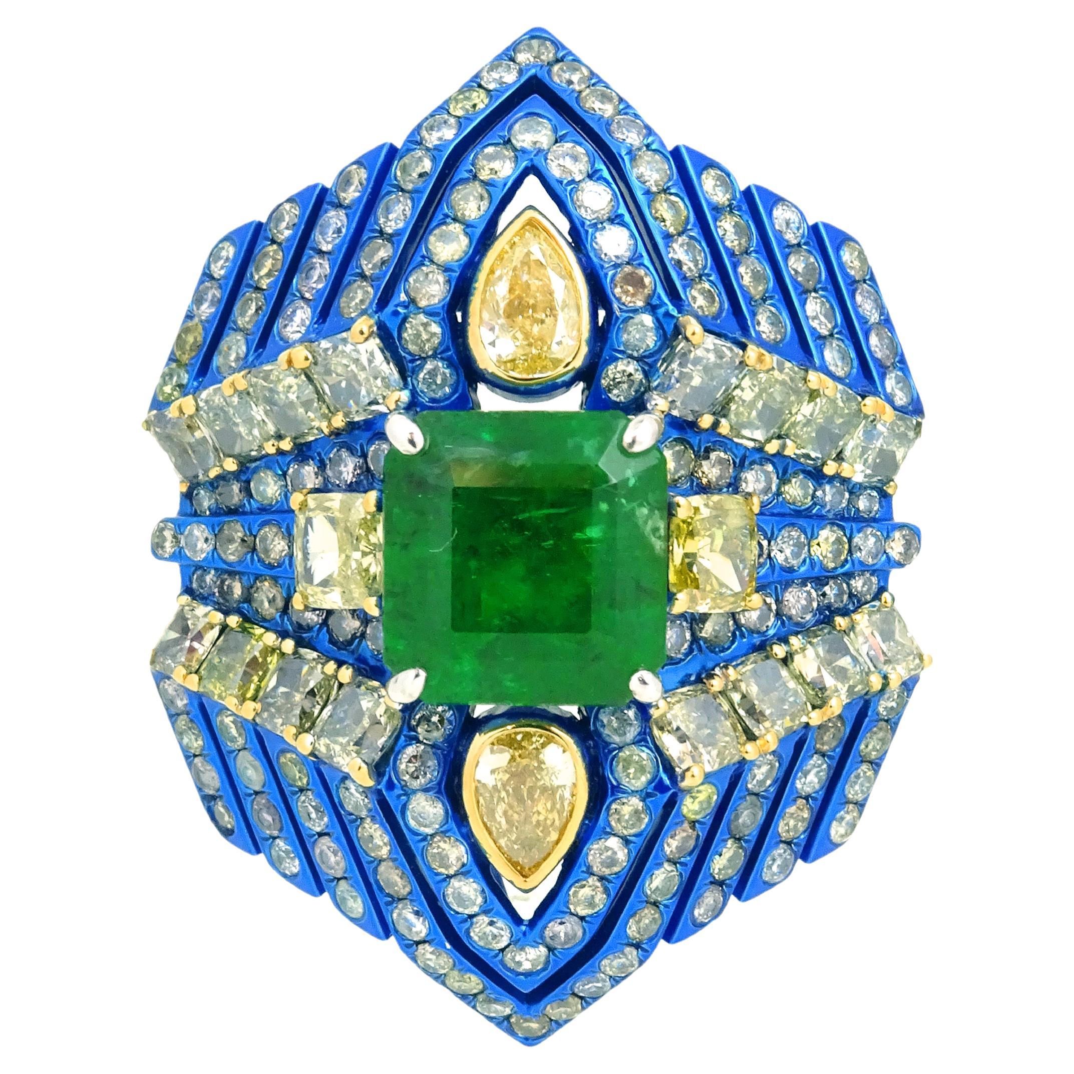 Emerald, Yellow Diamond and White Diamond Ring, 18K Gold, Austy Lee For Sale