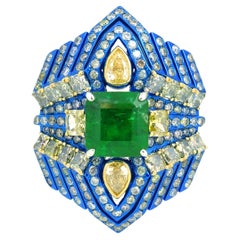 Used Emerald, Yellow Diamond and White Diamond Ring, 18K Gold, Austy Lee