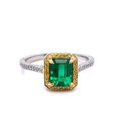Emerald Yellow Diamond Cluster Platinum Ring