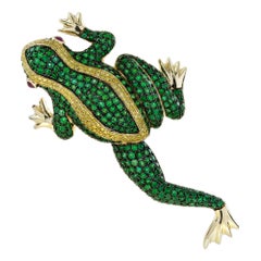 Emerald Yellow Diamond Ruby Art Deco Style Frog  Brooch in 14K Yellow Gold