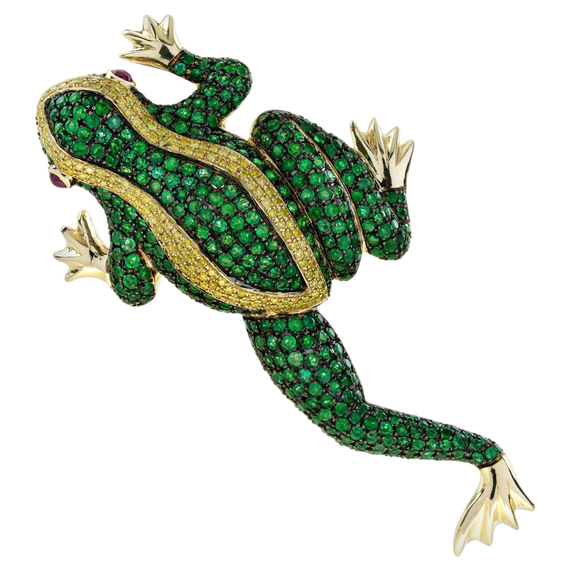 Emerald Yellow Diamond Ruby Vintage Style Frog Brooch in 14K Yellow Gold