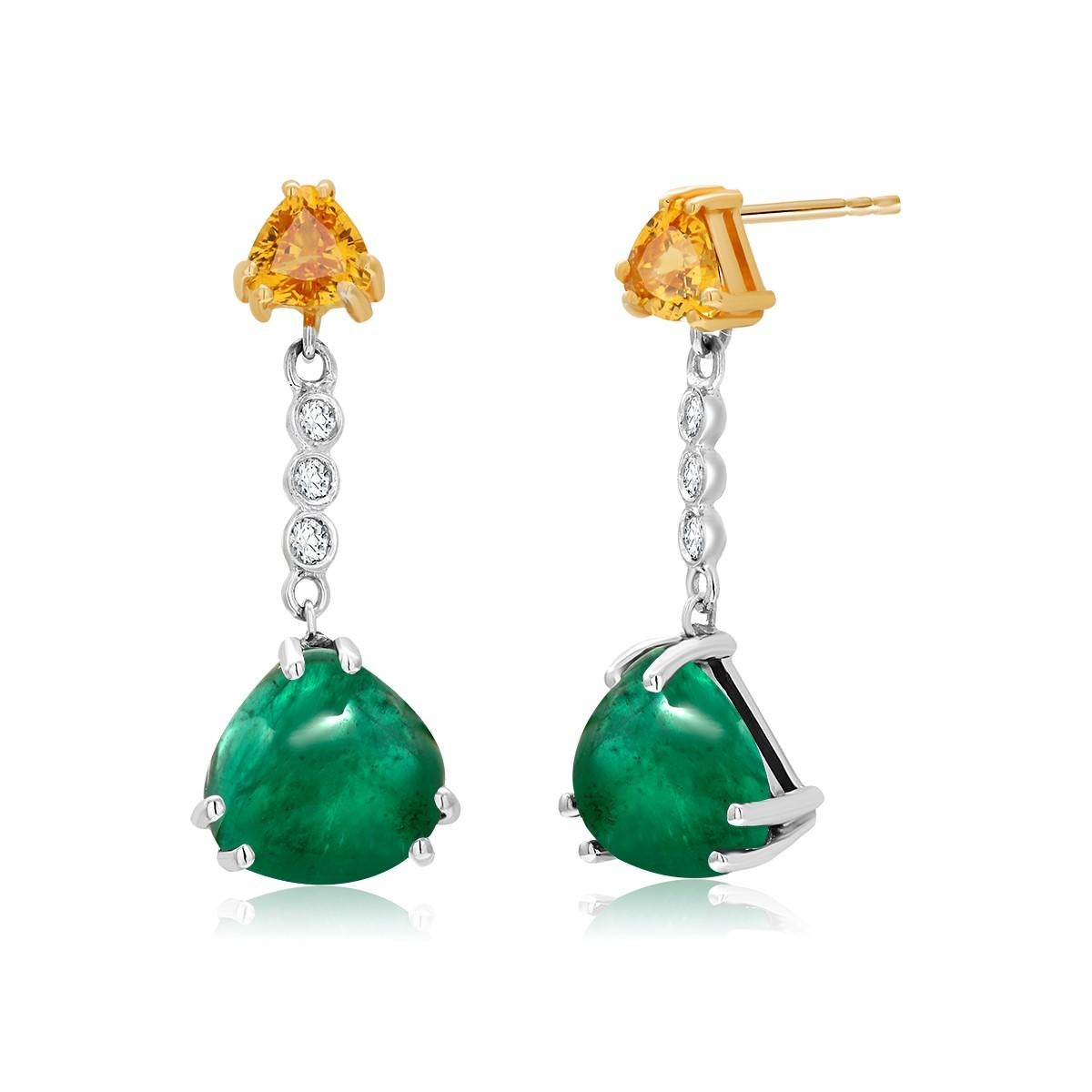 Trillion Cut Cabochon Emerald Yellow Sapphire Diamond Gold Earrings Weighing 5.81 Carat