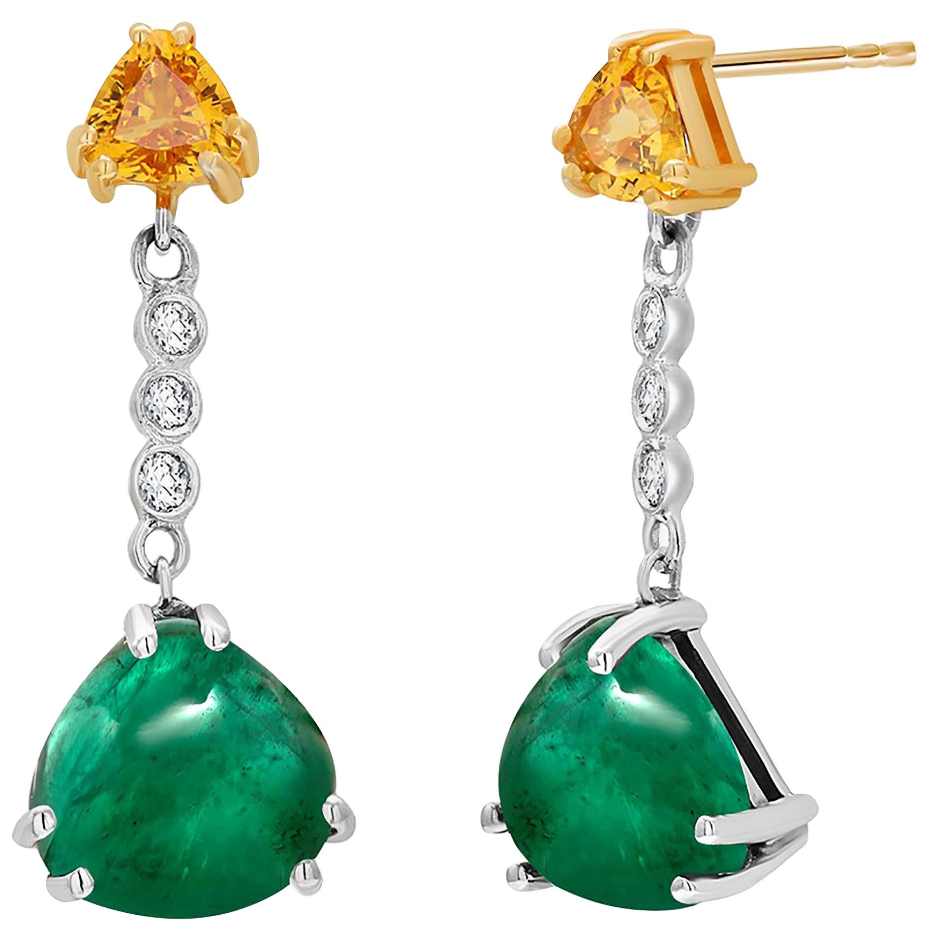 Contemporary Cabochon Emerald Yellow Sapphire Diamond Gold Earrings Weighing 5.81 Carat