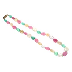 Emerald Yellow Sapphire and Pink Tourmaline Yellow Gold Necklace