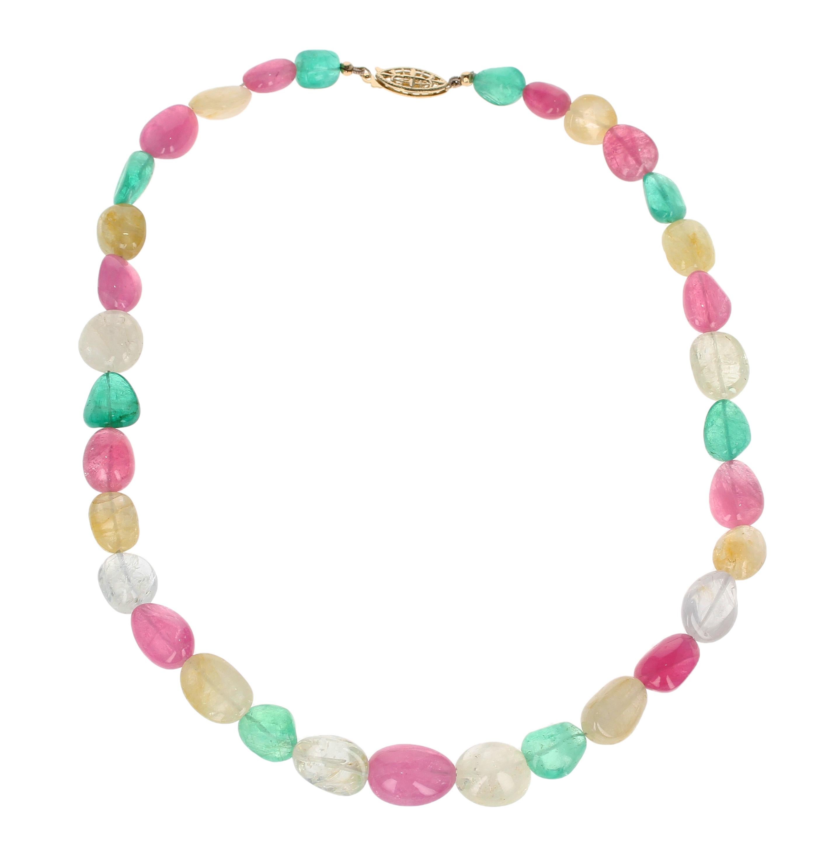 Bead Emerald Yellow Sapphire and Pink Tourmaline Yellow Gold Necklace For Sale
