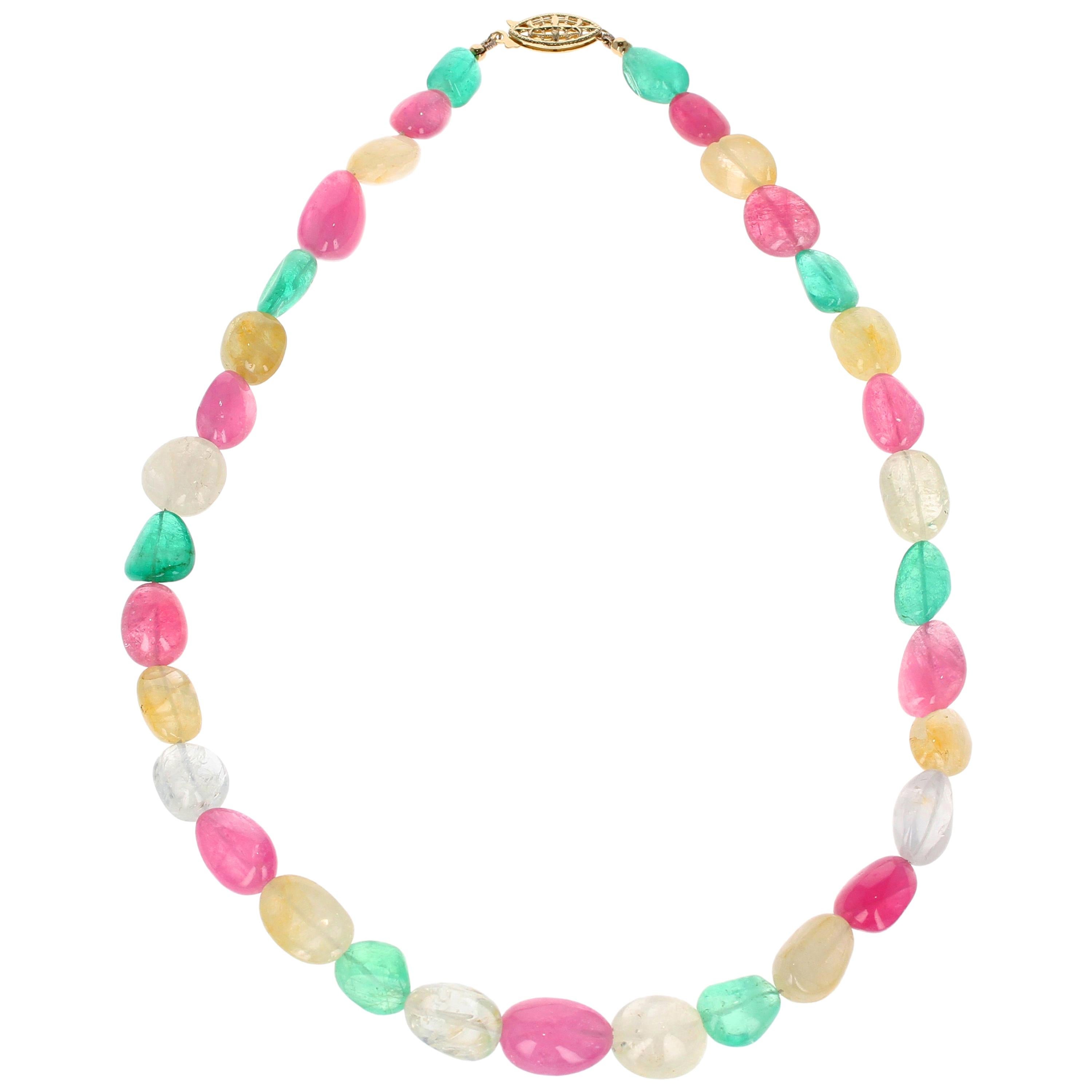 Emerald Yellow Sapphire and Pink Tourmaline Yellow Gold Necklace For Sale
