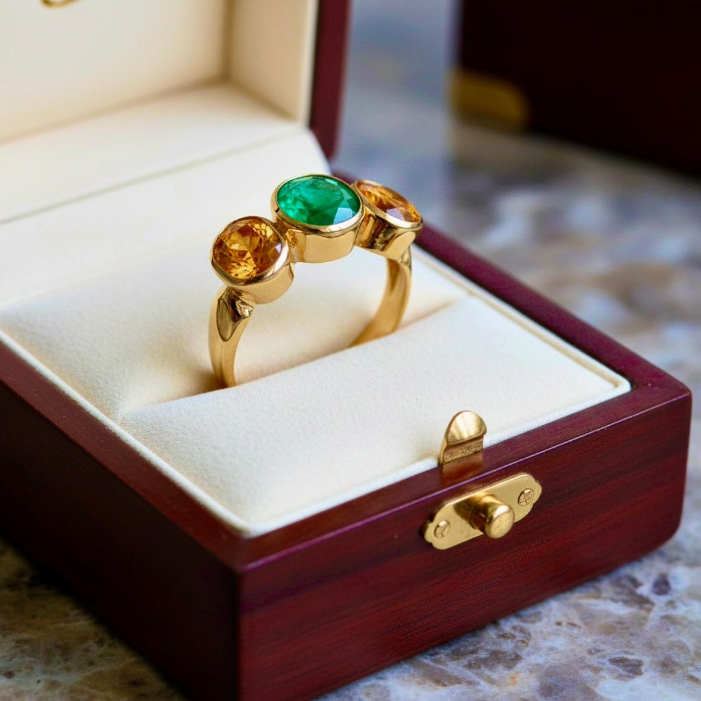 Dreisteinring mit Saphir und Smaragd aus 18 Karat Gold (Zeitgenössisch) im Angebot
