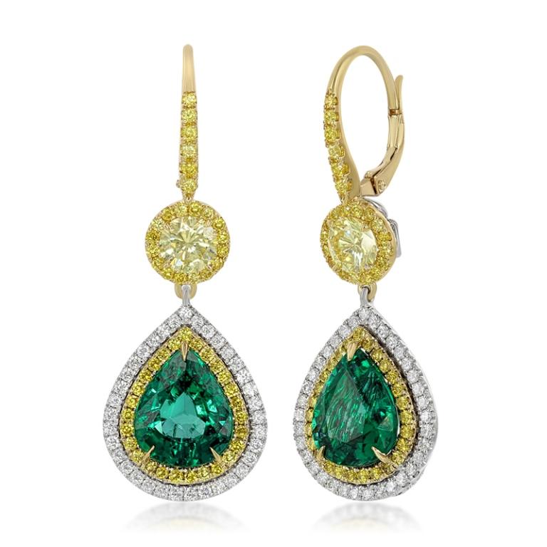EMERALD YELLOW/WHITE DIAMOND EARRINGS A vibrant color combination of these luscious emeralds and bright yellow diamonds makes these earrings different from others Item: # 02480 Metal: 18k W / Y Lab: Gia Color Weight: 7.85 ct. Diamond Weight: 4.46