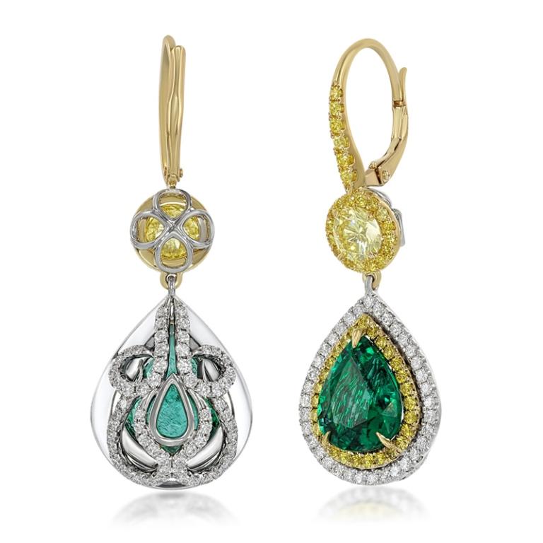 Modern Emerald Yellow/White Diamond Earrings For Sale