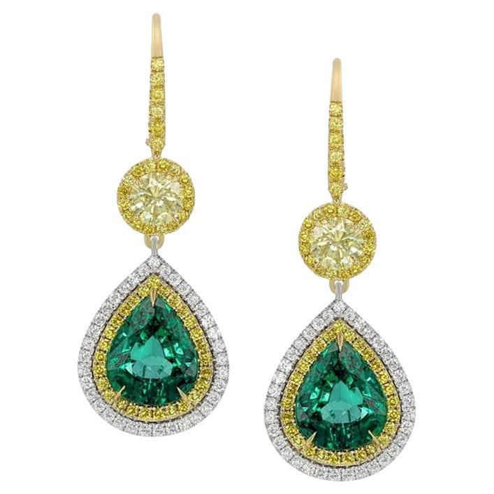 Emerald Yellow/White Diamond Earrings For Sale
