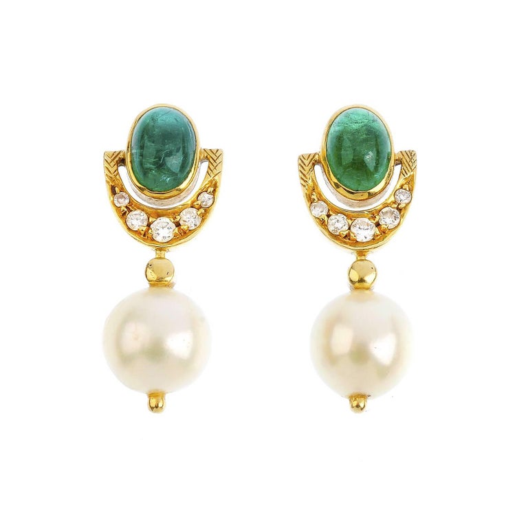 18K Gold Emerald Cultured Pearl and Diamond Earrings at 1stDibs