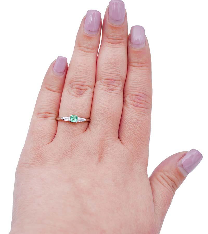 Mixed Cut Emerald, Diamonds, 14 Karat White Gold Ring For Sale