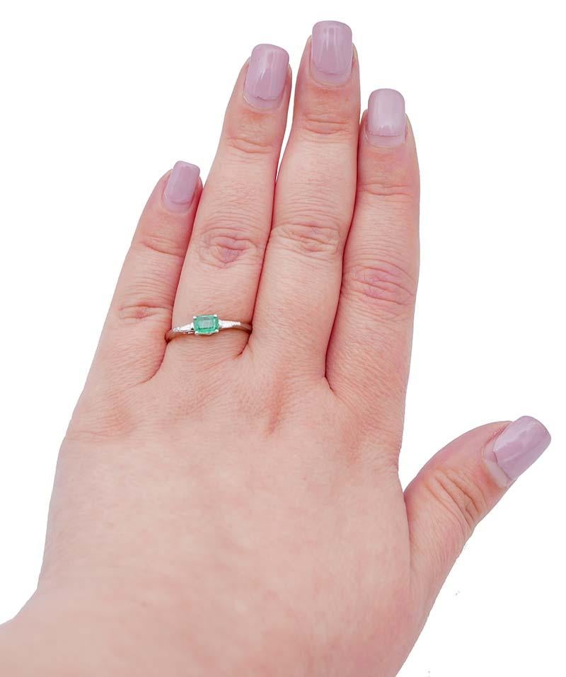 Retro Emerald, Diamonds, 14 Karat White Gold Ring For Sale