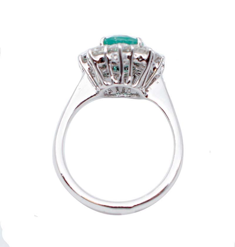 Mixed Cut Emerald, Diamonds , 18 Karat White Gold Modern Ring