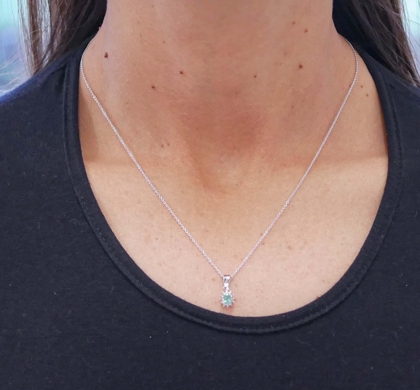 Women's Emerald, Diamonds, 18 Karat White Gold Pendant Necklace For Sale