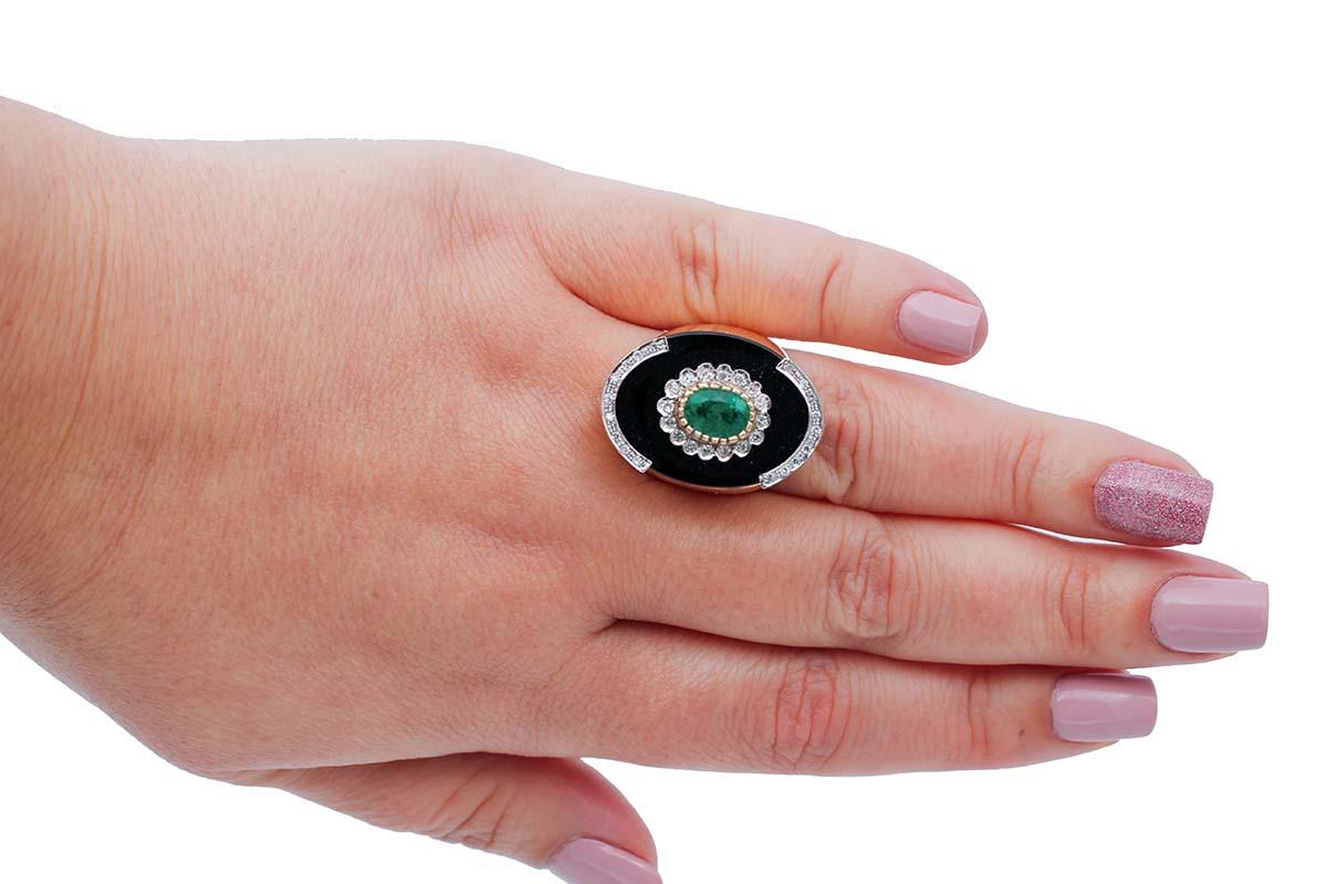 Mixed Cut Emerald, Diamonds, Onyx, 14 Karat Rose and White Gold Ring For Sale