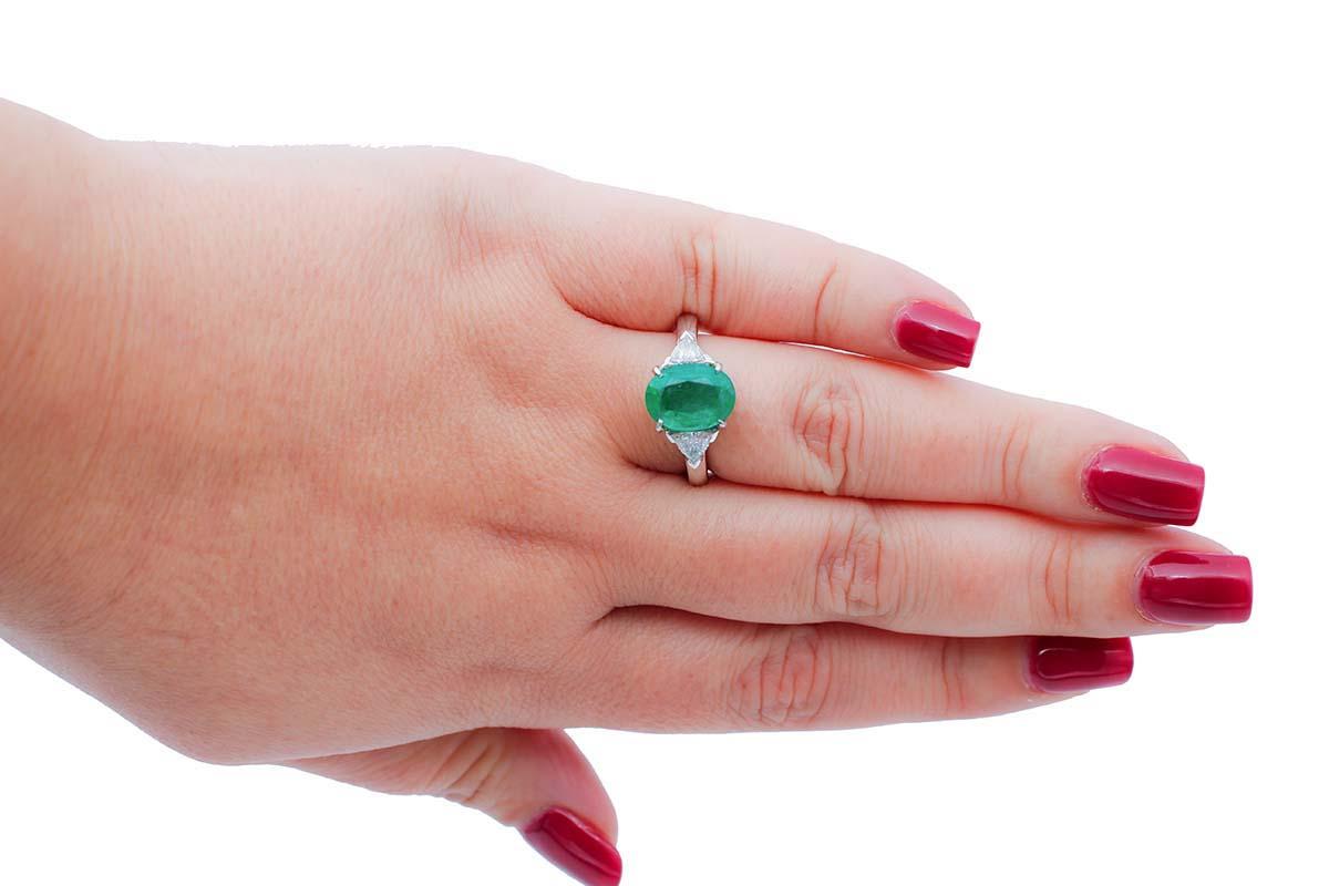 Mixed Cut Emerald, Diamonds, Platinum Ring For Sale