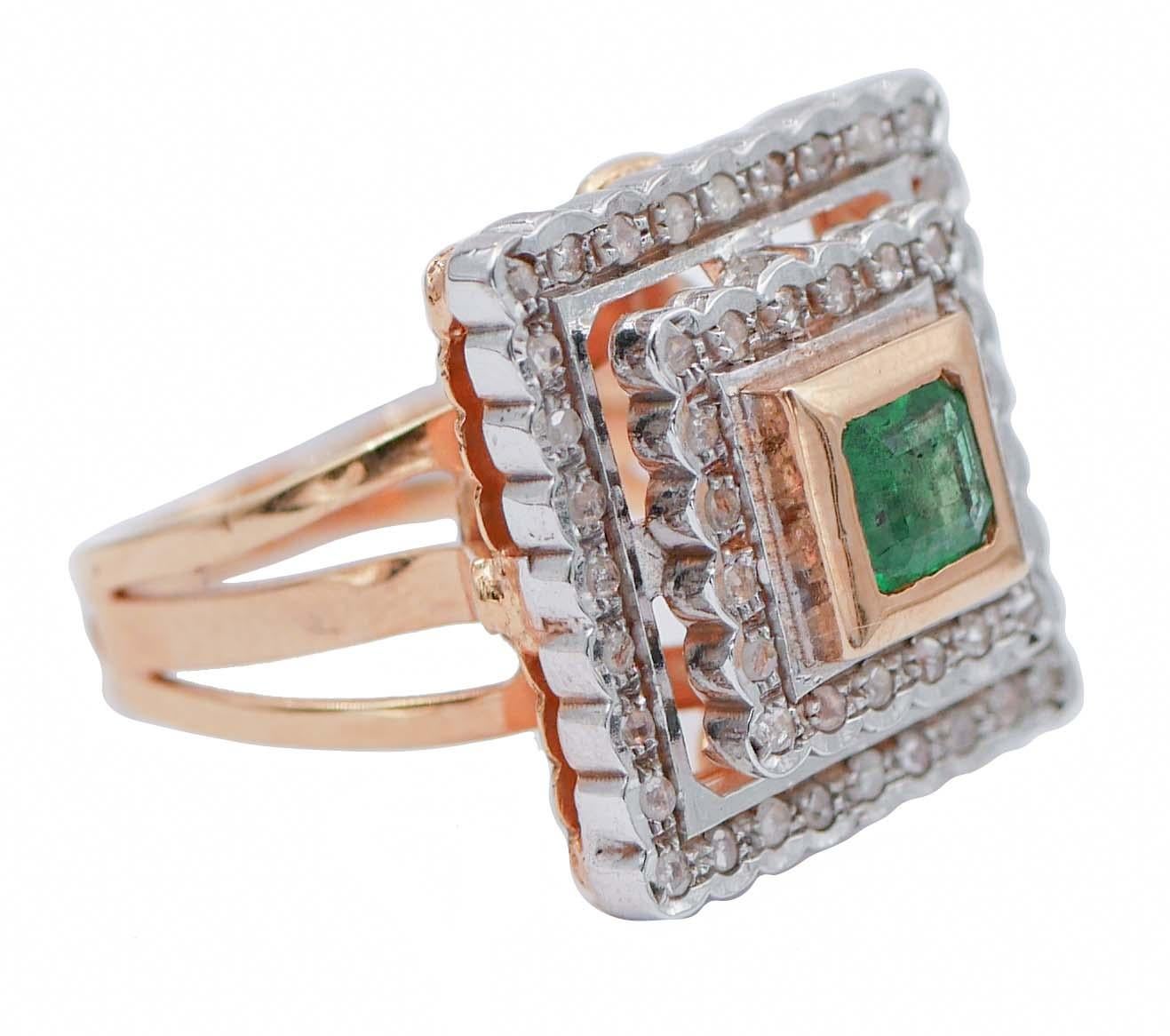 SHIPPING POLICY:
No additional costs will be added to this order.
Shipping costs will be totally covered by the seller (customs duties included).

Amazing retrò ring in 9 karat rose gold and silver structure mounted with a central emerald surrounded
