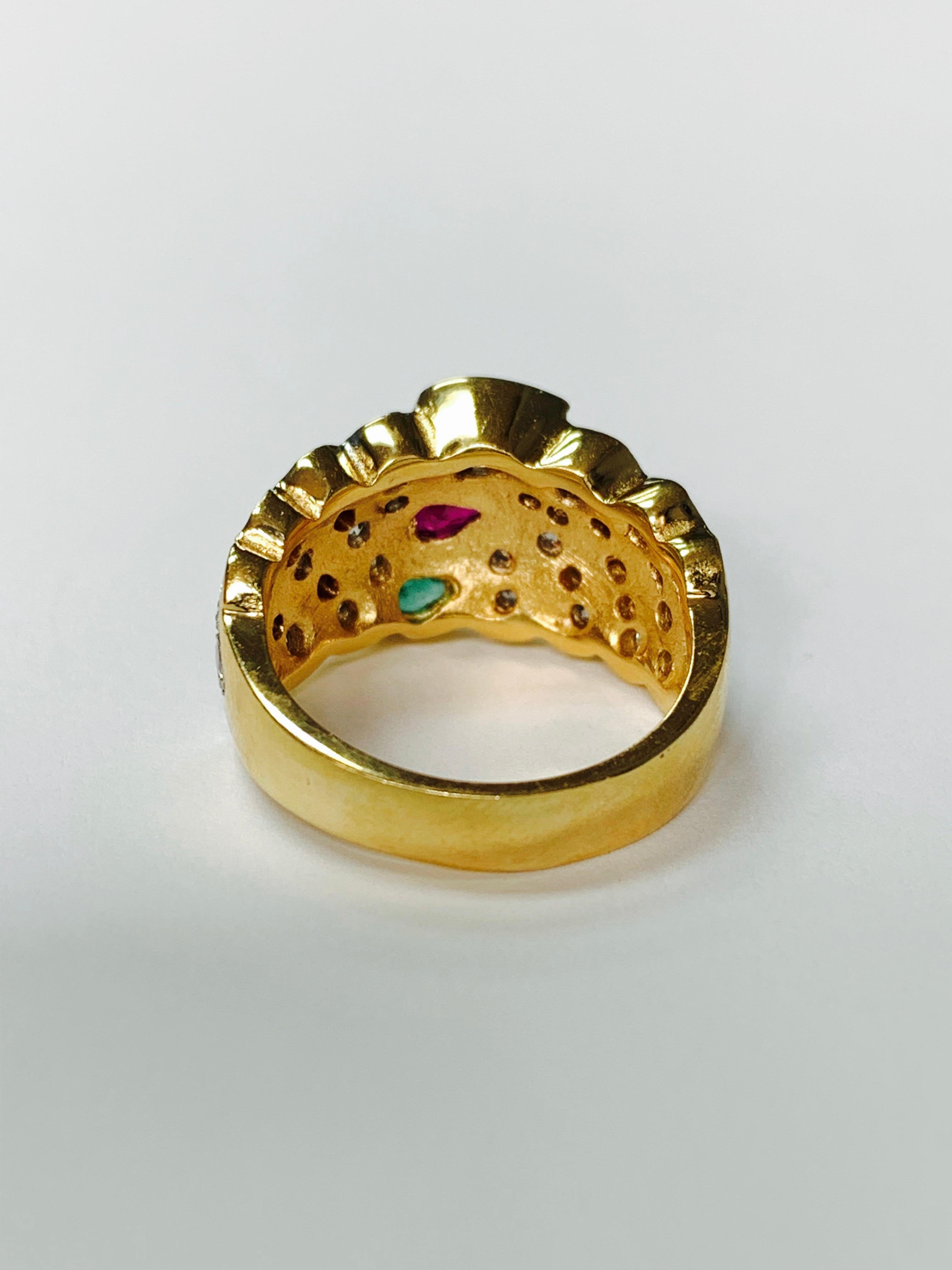 Contemporary Emerald, Ruby, Blue Sapphire and Diamond Engagement Ring in 14k White Gold For Sale