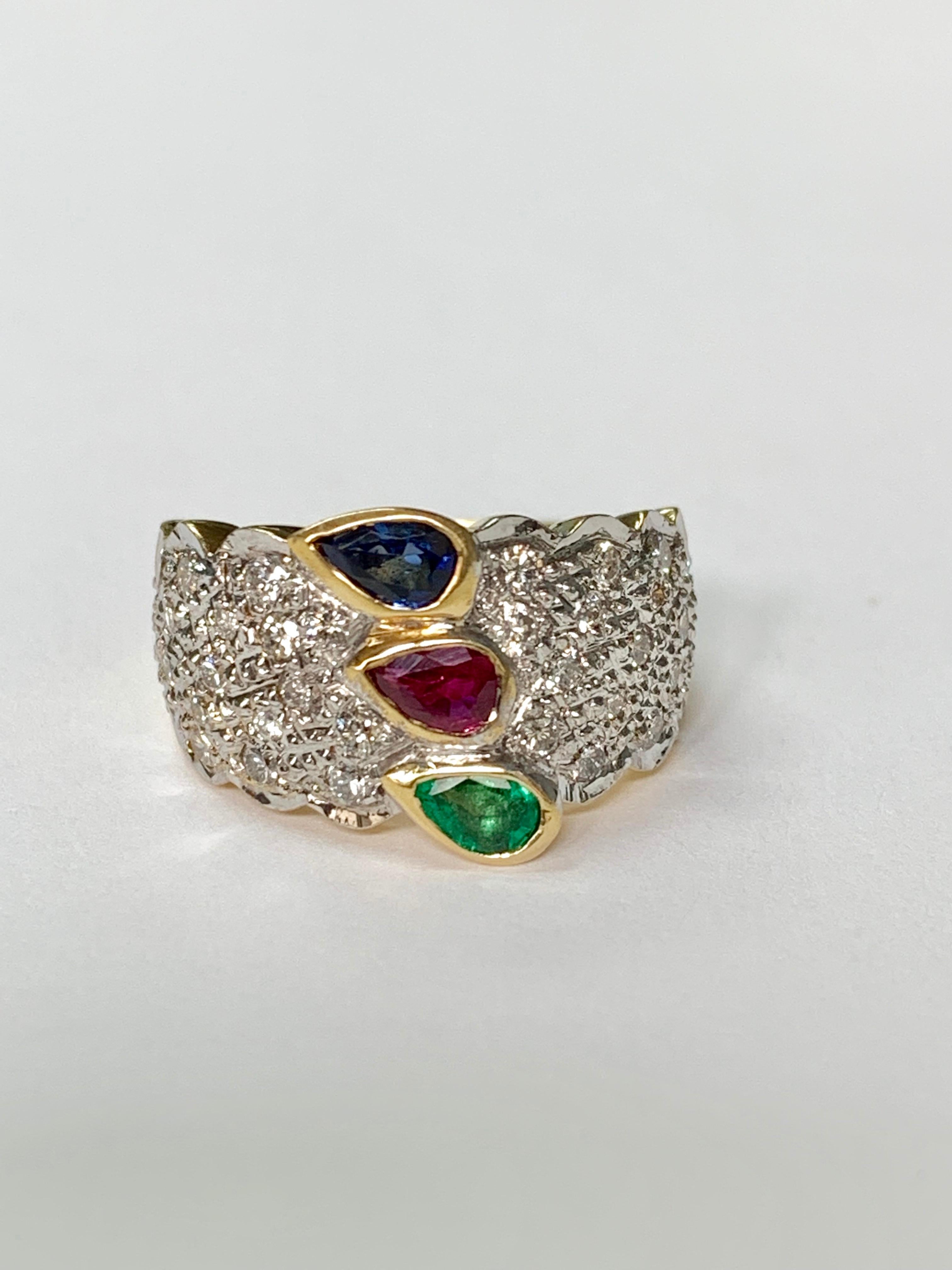 Pear Cut Emerald, Ruby, Blue Sapphire and Diamond Engagement Ring in 14k White Gold For Sale
