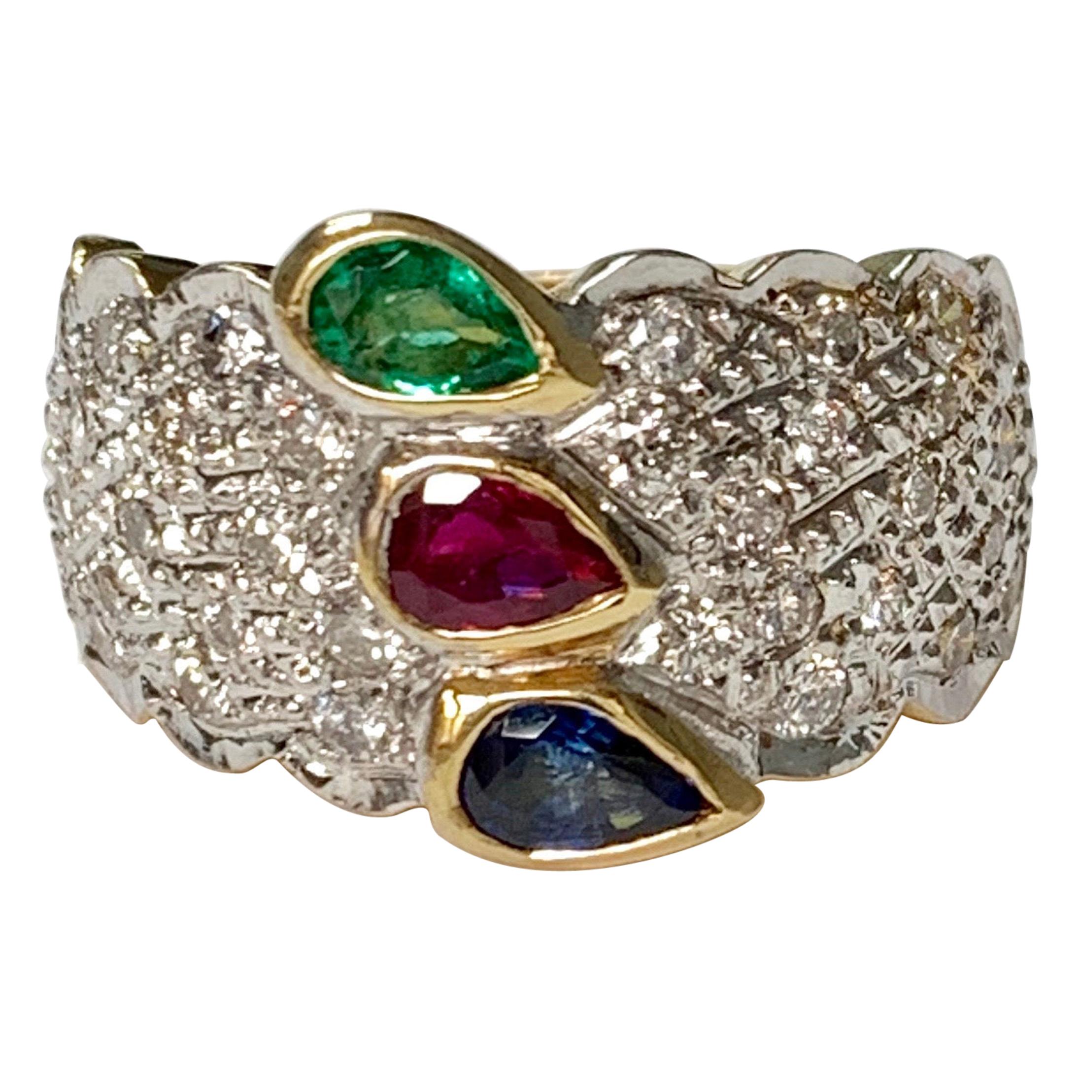 Emerald, Ruby, Blue Sapphire and Diamond Engagement Ring in 14k White Gold For Sale