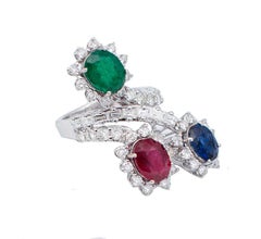 Emerald, Ruby, Sapphire, Diamonds, 18 Karat White Gold Ring