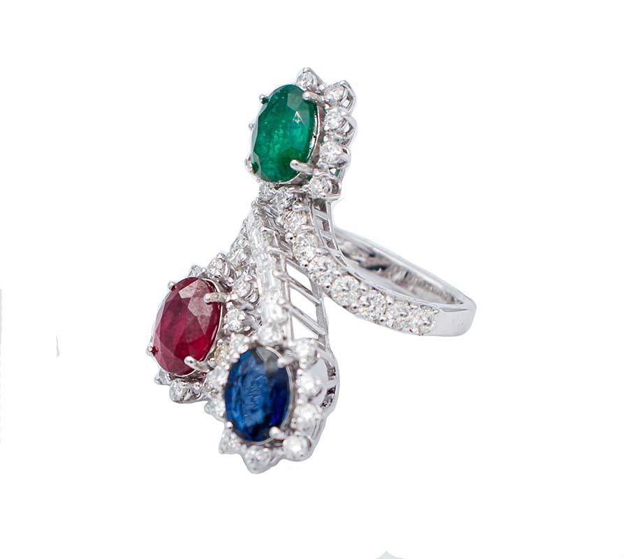 Retro Emerald, Ruby, Sapphire, Diamonds, 18 Karat White Gold Ring For Sale