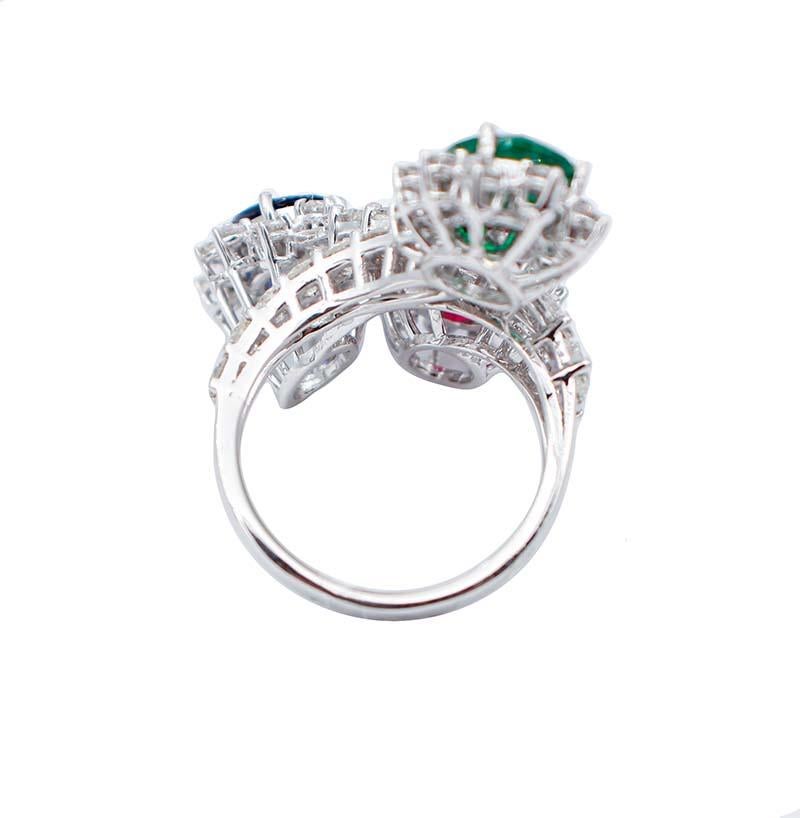 Mixed Cut Emerald, Ruby, Sapphire, Diamonds, 18 Karat White Gold Ring For Sale