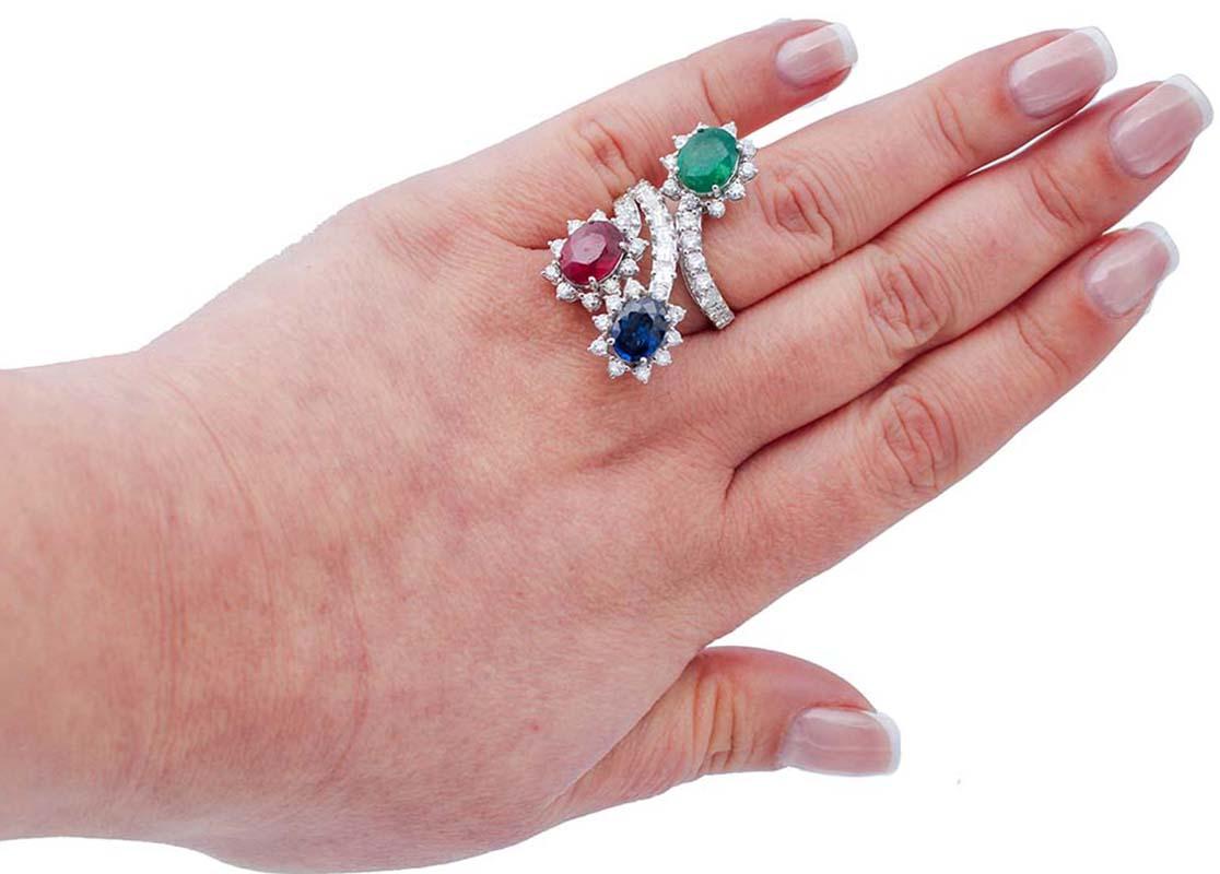 Women's Emerald, Ruby, Sapphire, Diamonds, 18 Karat White Gold Ring For Sale