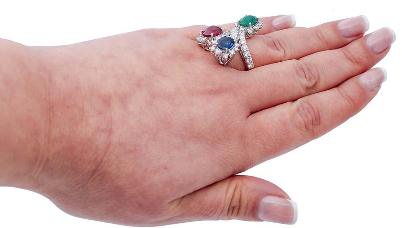 Emerald, Ruby, Sapphire, Diamonds, 18 Karat White Gold Ring For Sale 1