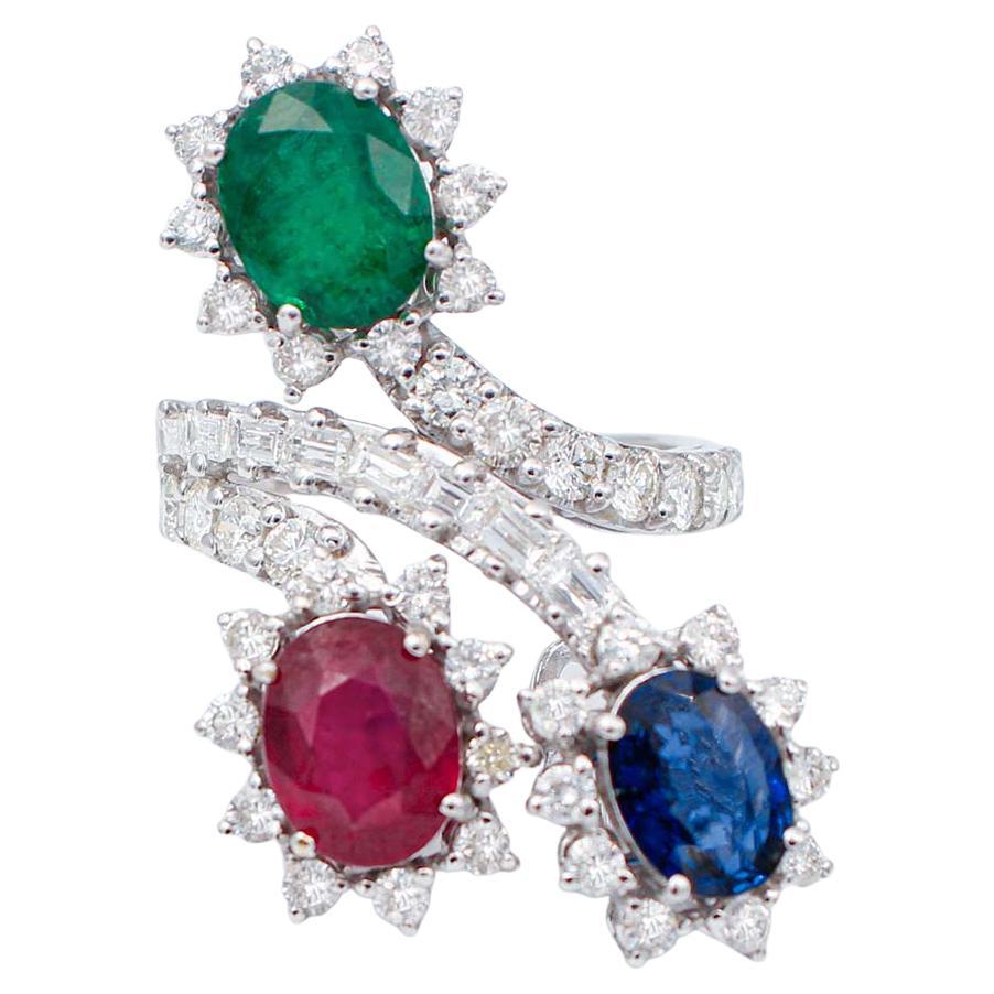 Emerald, Ruby, Sapphire, Diamonds, 18 Karat White Gold Ring For Sale