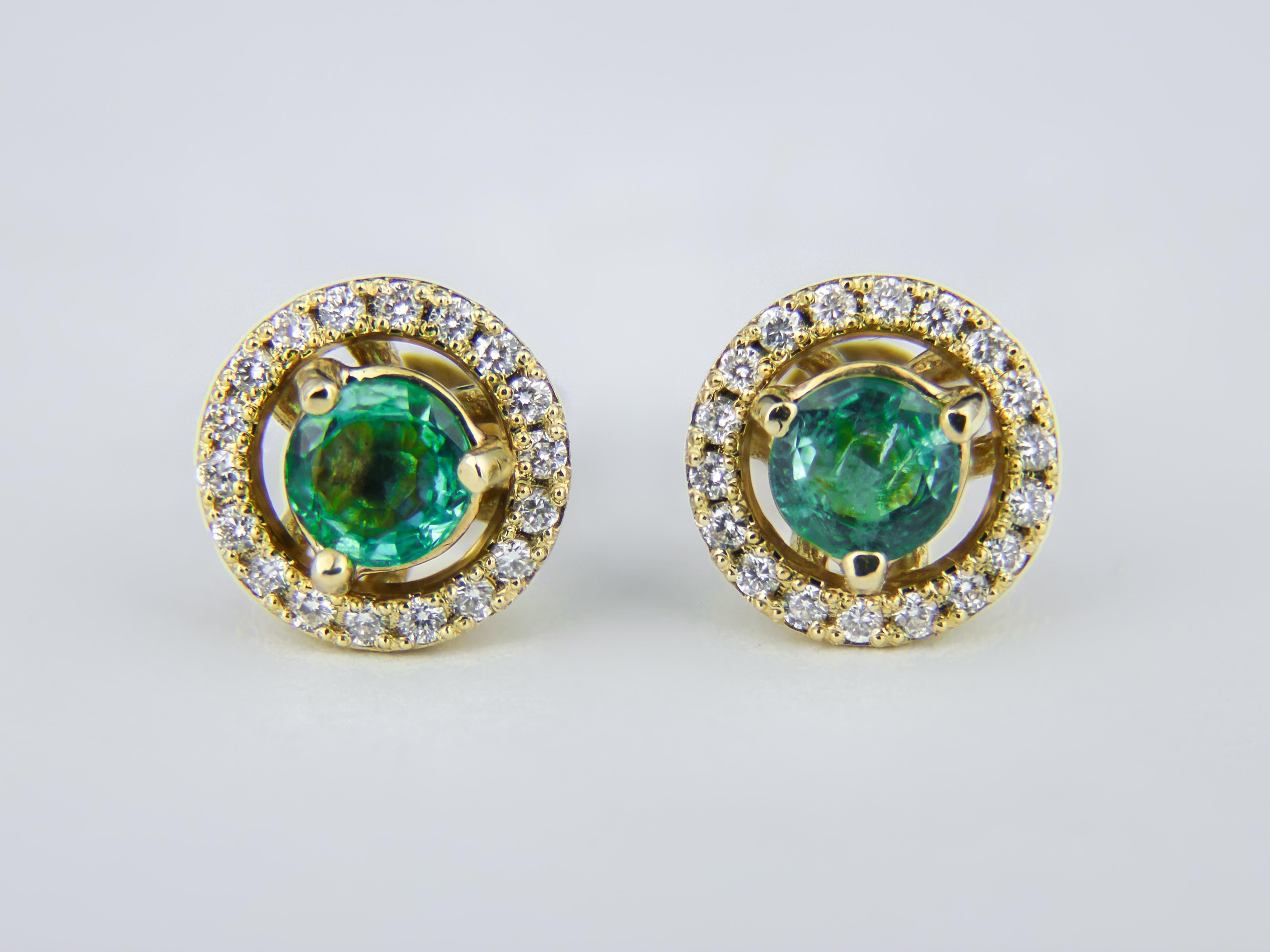 Modern Emeralds 14k Gold Earrings Studs, Removable Jackets Round Emerald Earrings For Sale