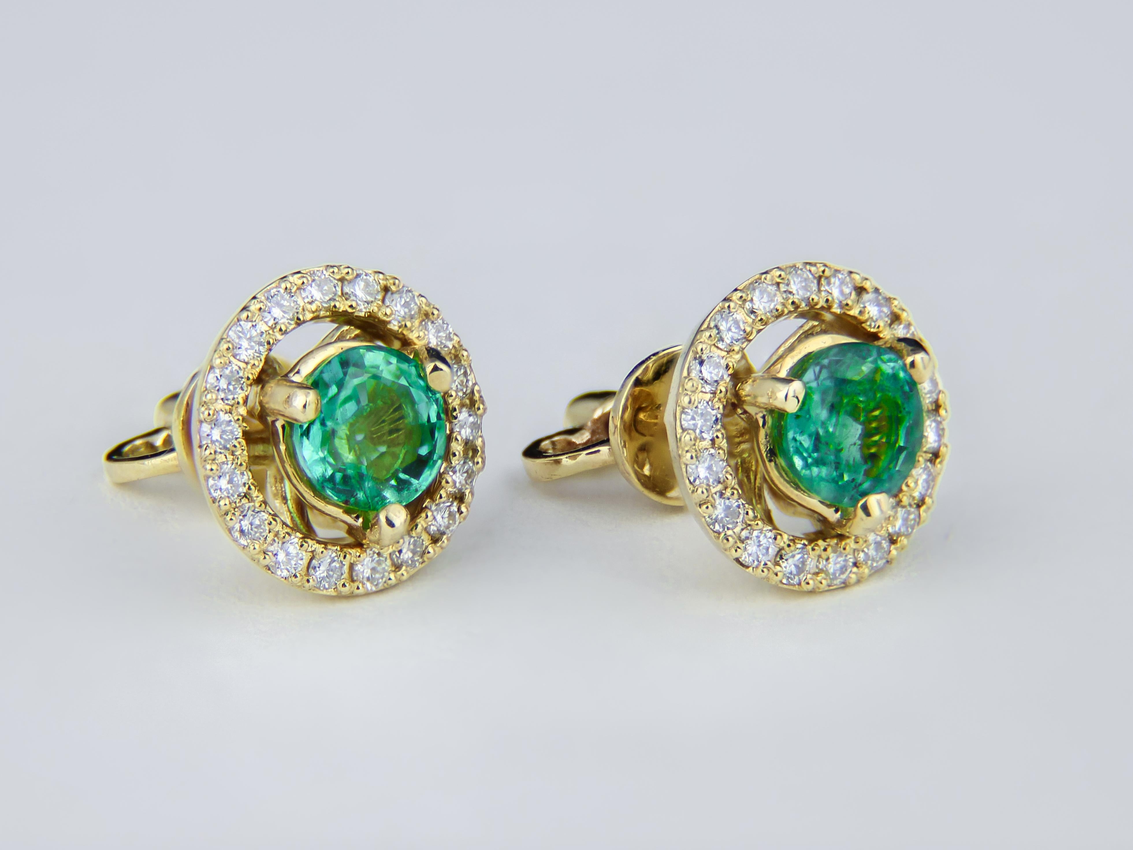 Round Cut Emeralds 14k Gold Earrings Studs, Removable Jackets Round Emerald Earrings For Sale
