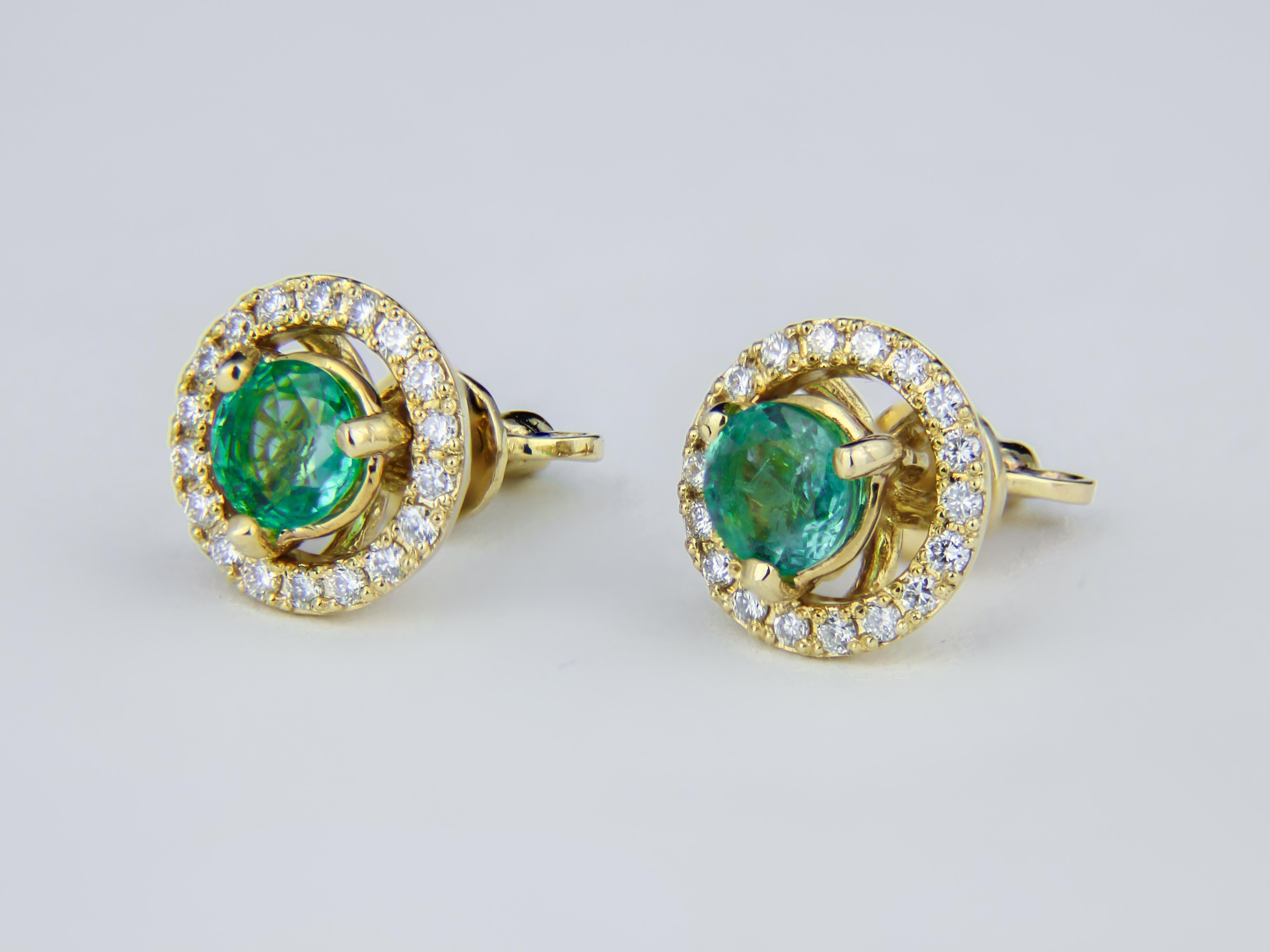 Women's or Men's Emeralds 14k Gold Earrings Studs, Removable Jackets Round Emerald Earrings For Sale