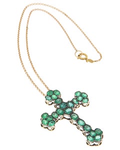 Emeralds 9-14 Carat Yellow Gold Cross Pendant Necklace