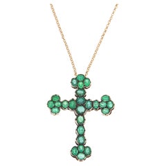 Antique Emeralds 9-14 Kt Yellow Gold Cross Pendant Necklace