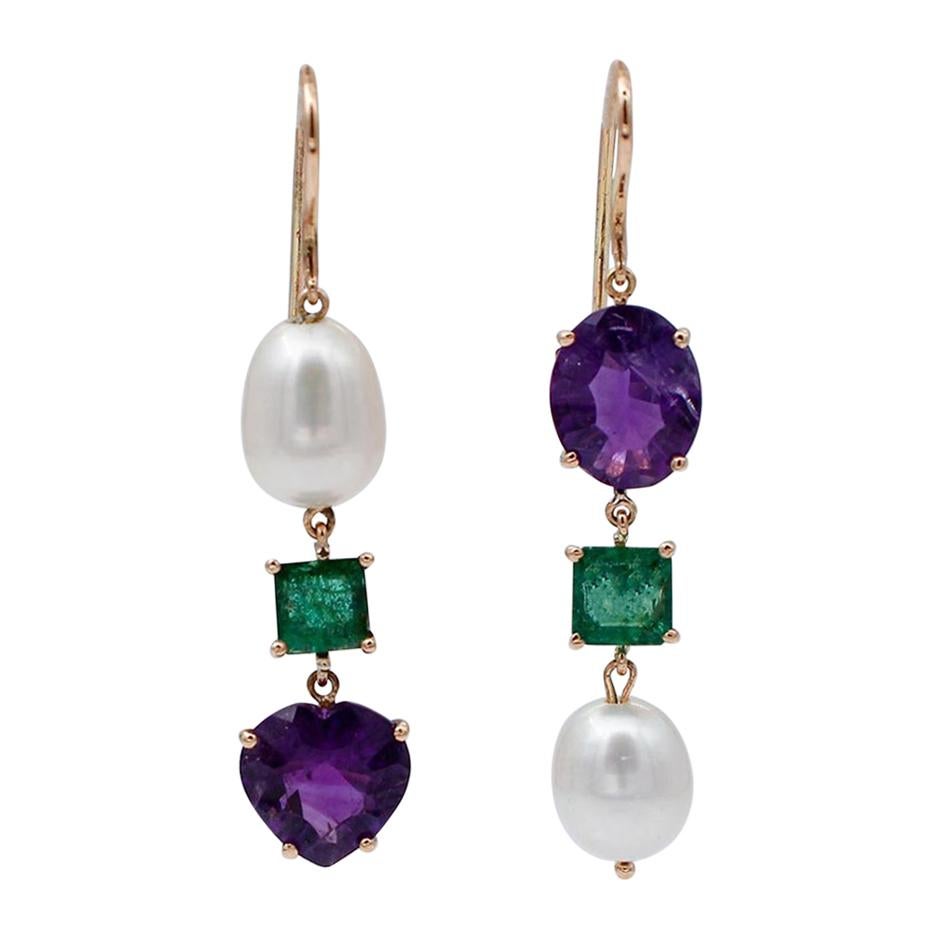 Emeralds, Amethysts, Baroque Pearl, 14 Karat Rose Gold Dangle Earrings