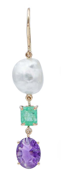 Emeralds, Amethysts, Baroque Pearls, 14 Karat Rose Gold Dangle Earrings