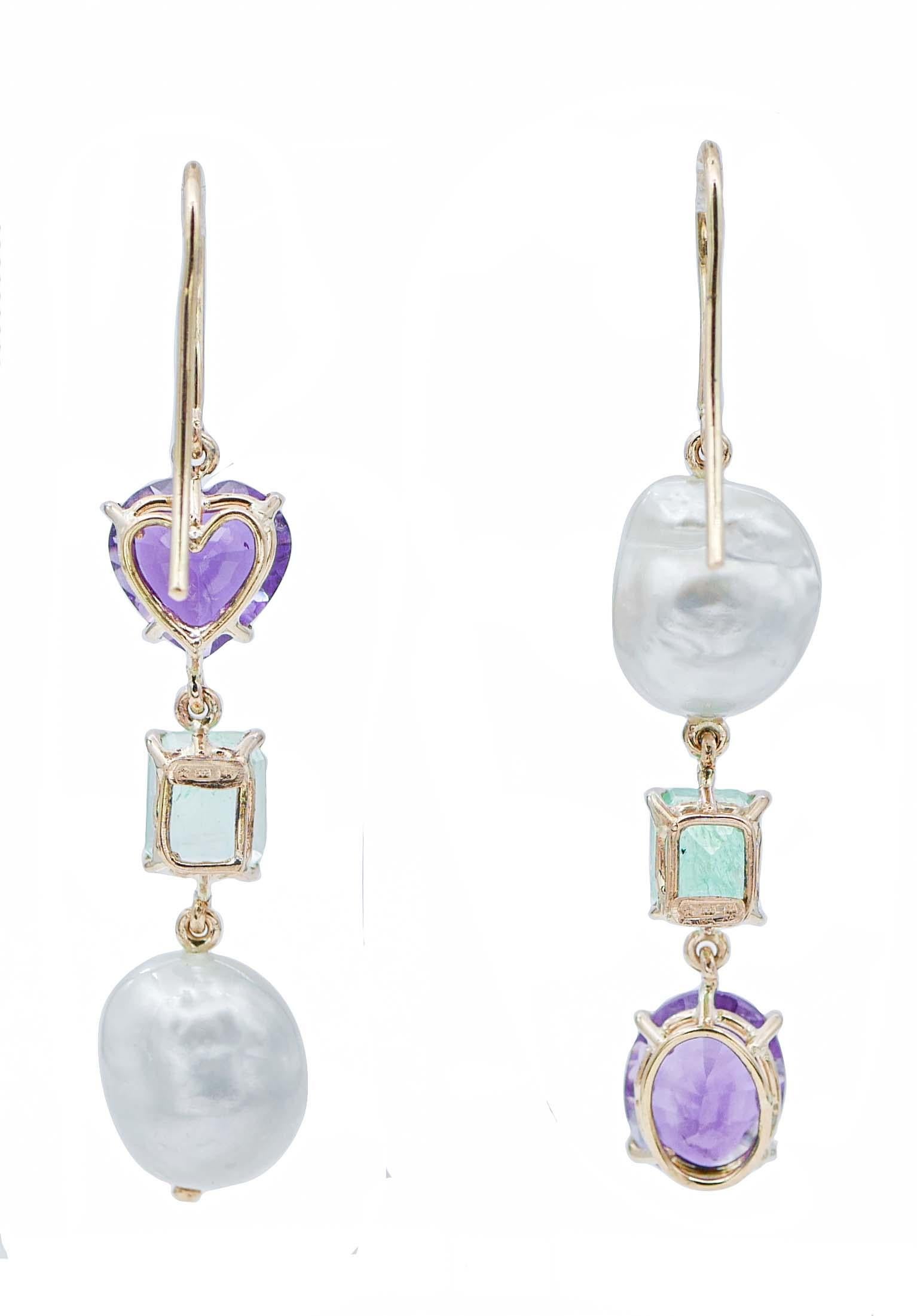 Retro Emeralds, Amethysts, Baroque Pearls, 14 Karat Rose Gold Dangle Earrings For Sale