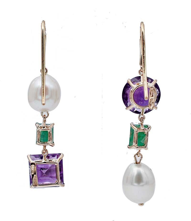Retro Emeralds, Amethysts, Pearls, 14 Karat Rose Gold Dangle Earrings For Sale