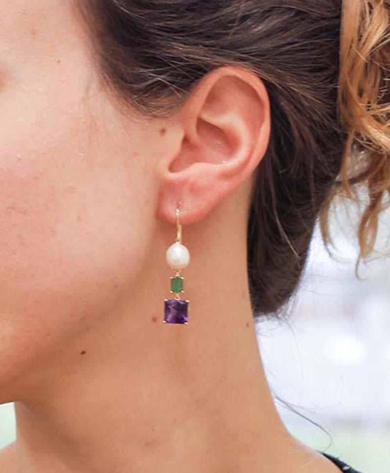 Emeralds, Amethysts, Pearls, 14 Karat Rose Gold Dangle Earrings In Good Condition For Sale In Marcianise, Marcianise (CE)
