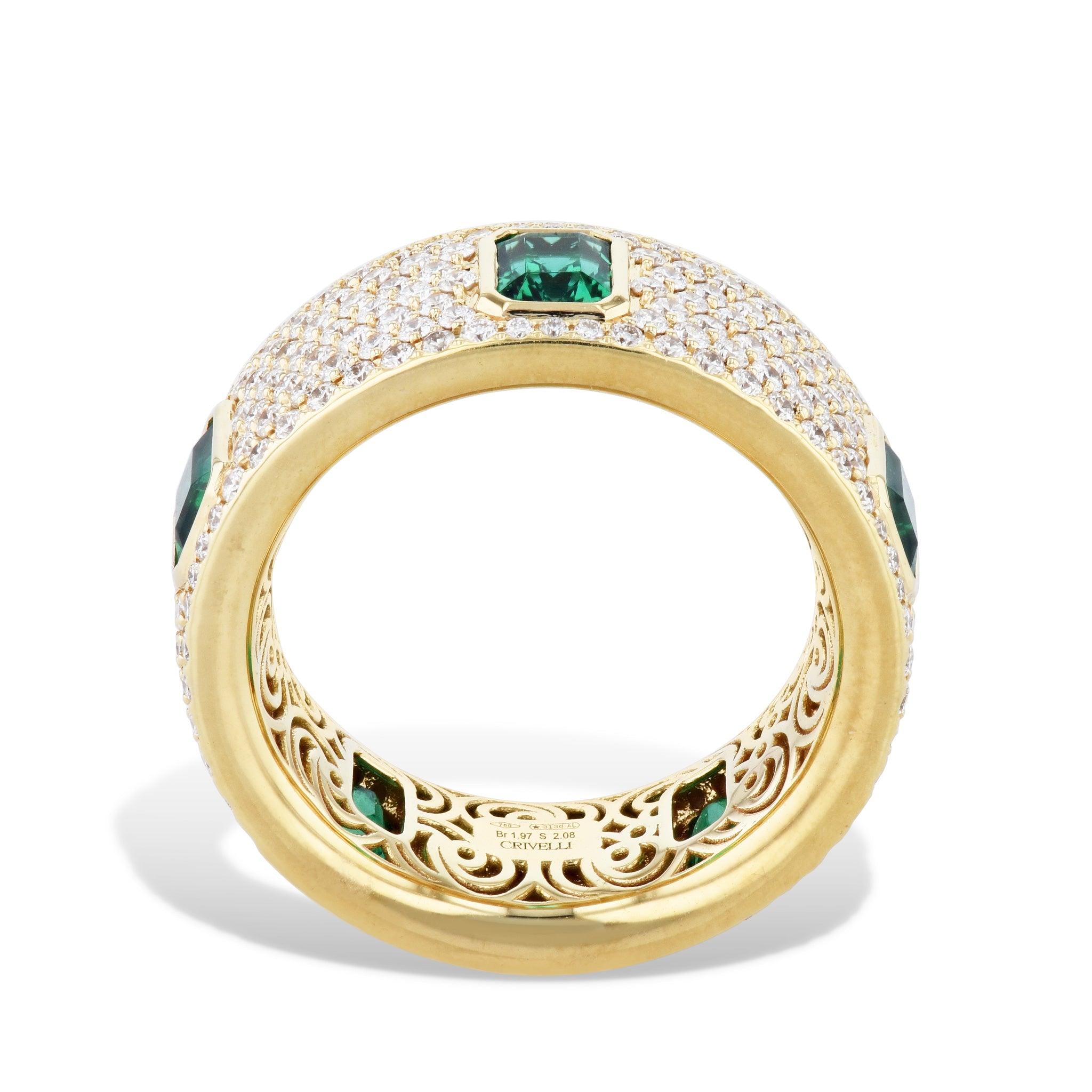 This sophisticated ring features a cluster of five emerald cut emeralds and pave diamonds, all set in 18 karat yellow gold. 
This stunning piece is available in size 6.5.
Emerald  Diamond Pave Ring.
 
2.08 carat total weight 5 Emerald Cut Emeralds.
