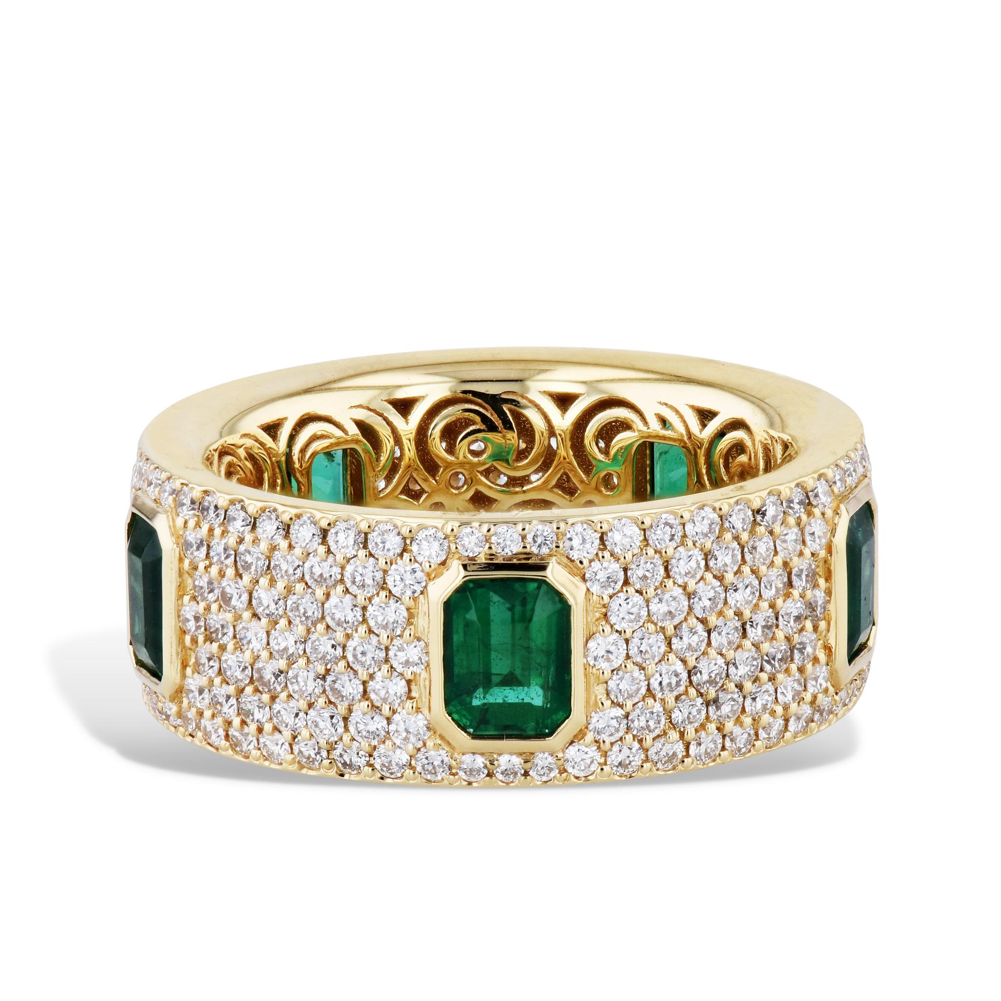 Emerald Cut Emerald and Diamond Pave 18 Karat Yellow Gold Eternity Band Ring For Sale