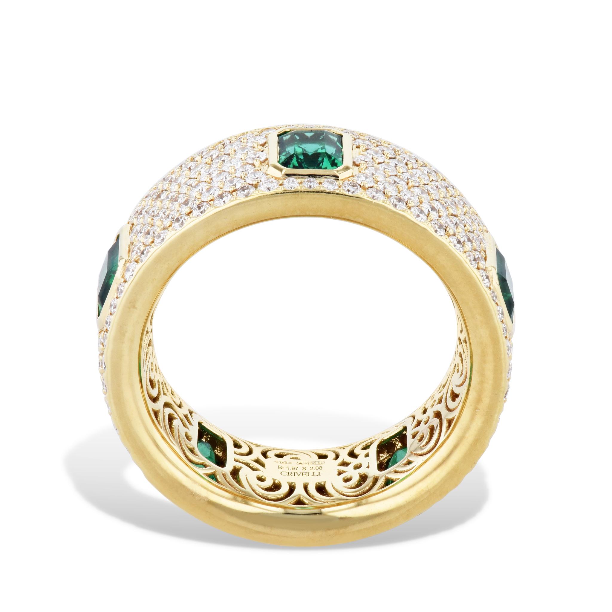 Emerald and Diamond Pave 18 Karat Yellow Gold Eternity Band Ring In New Condition For Sale In Miami, FL