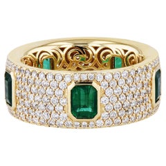 Emerald and Diamond Pave 18 Karat Yellow Gold Eternity Band Ring