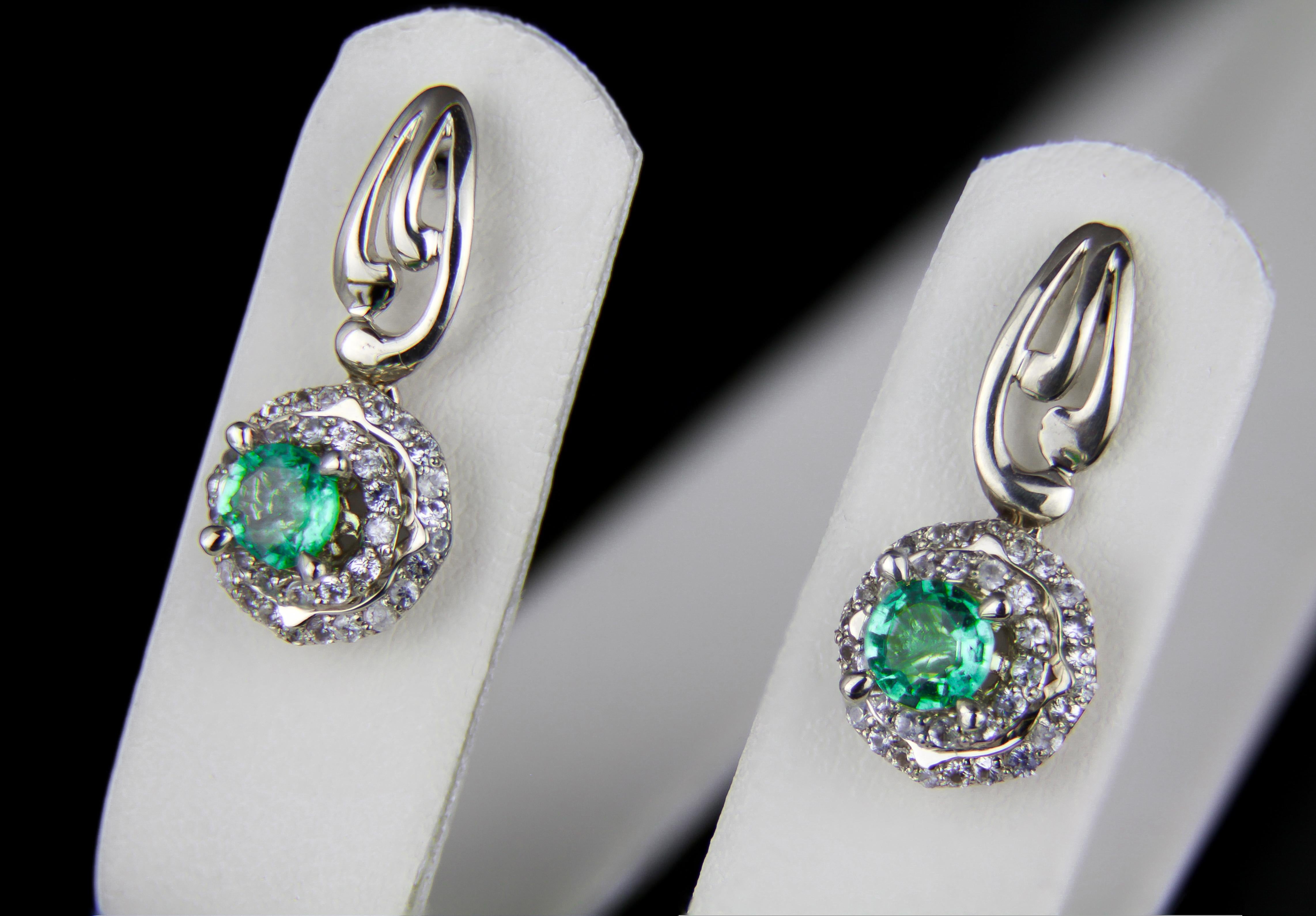 Round Cut Emeralds and Diamonds 14k Gold Earrings Studs, Round Emerald Earrings Studs For Sale
