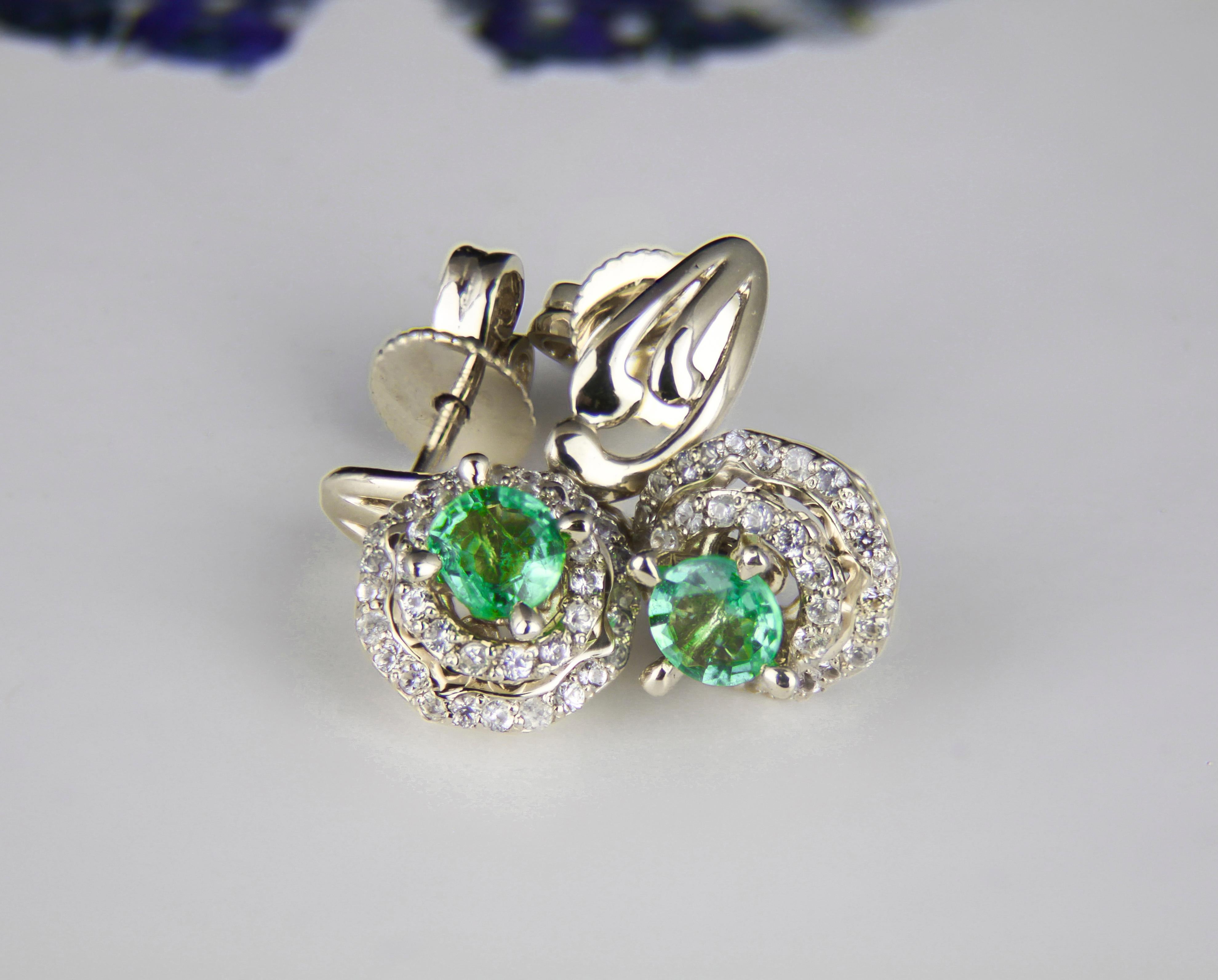 Emeralds and Diamonds 14k Gold Earrings Studs, Round Emerald Earrings Studs For Sale 1