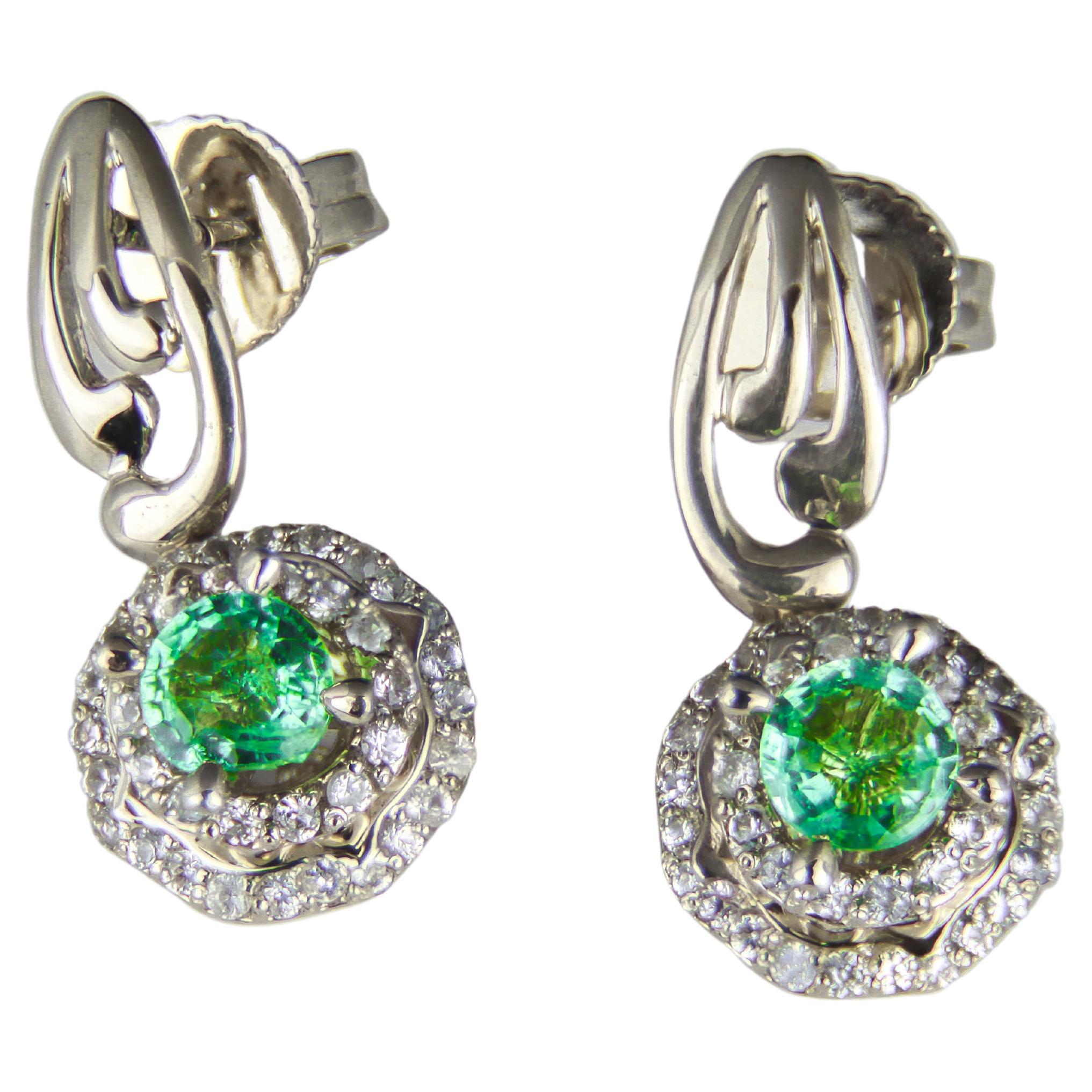 Emeralds and Diamonds 14k Gold Earrings Studs, Round Emerald Earrings Studs