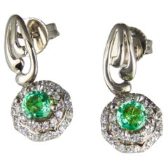 Emeralds and Diamonds 14k Gold Earrings Studs, Round Emerald Earrings Studs