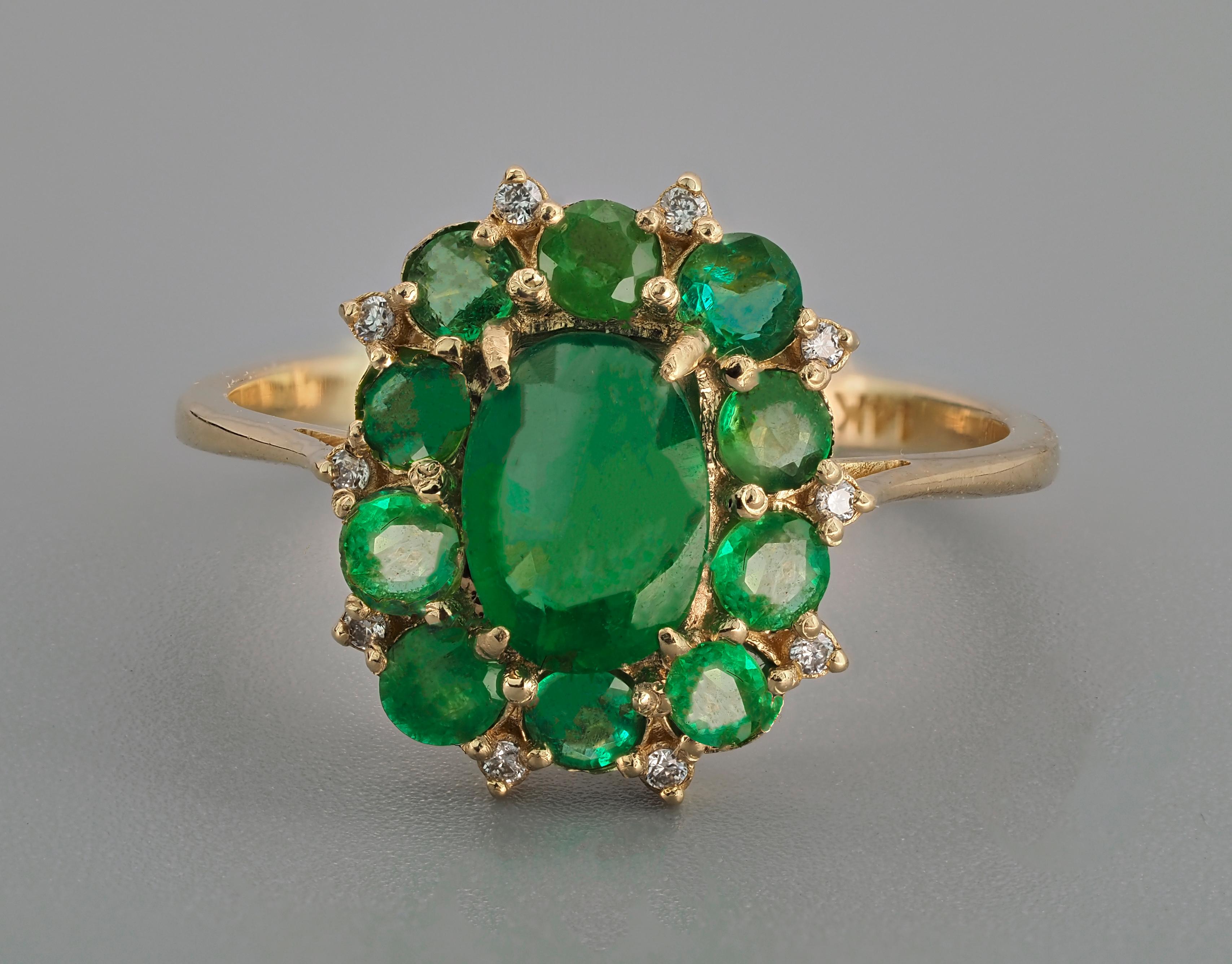 Modern Emeralds and Diamonds 14k Gold Ring